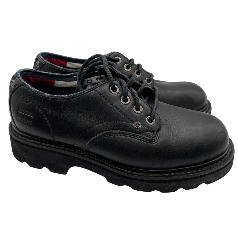 Vtg Y2K Tommy Hilfiger Oxford Shoes Black Leather Lug Sole Mens 9 Grunge Street
